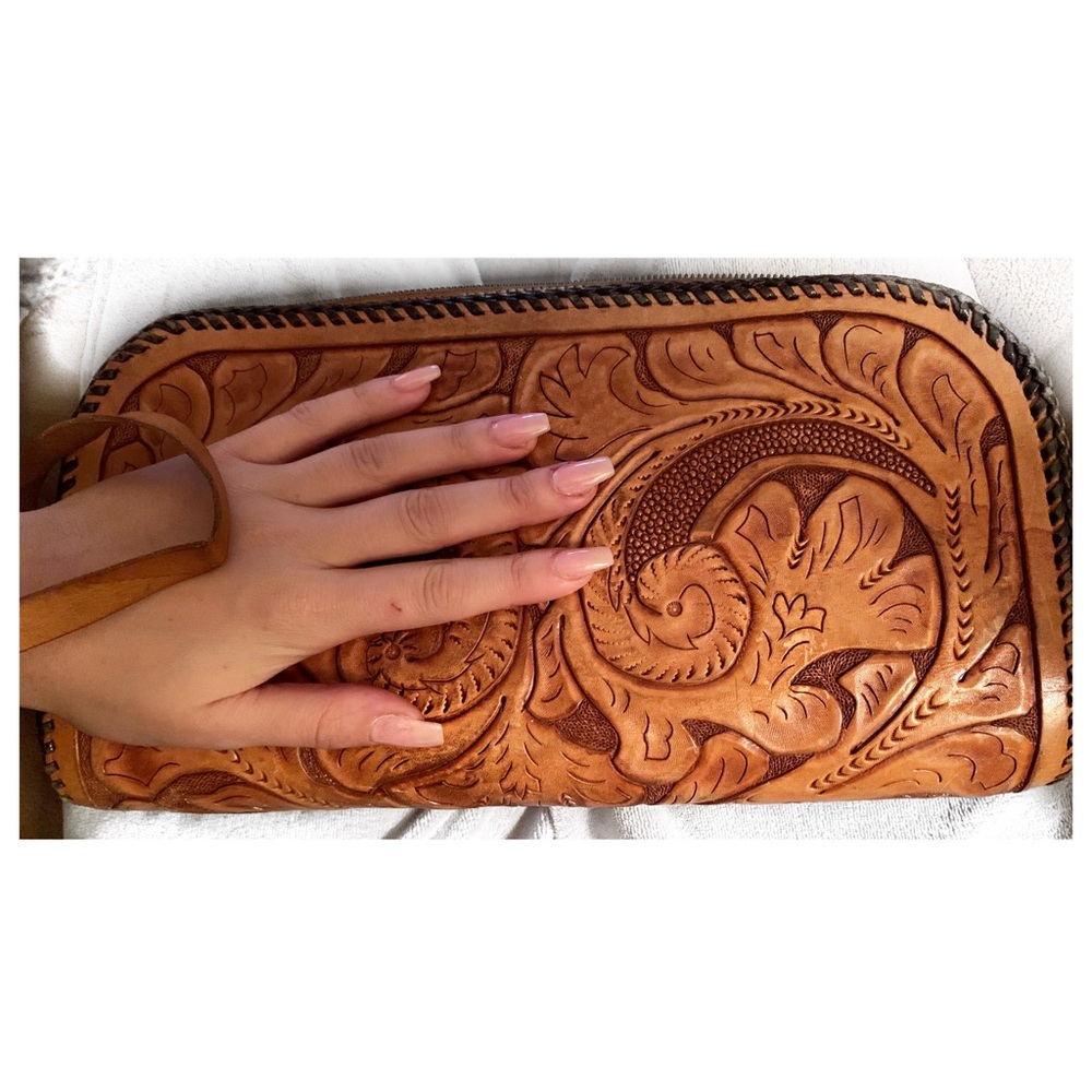 Hand-tooled Leather Wristlet Clutch in Tan